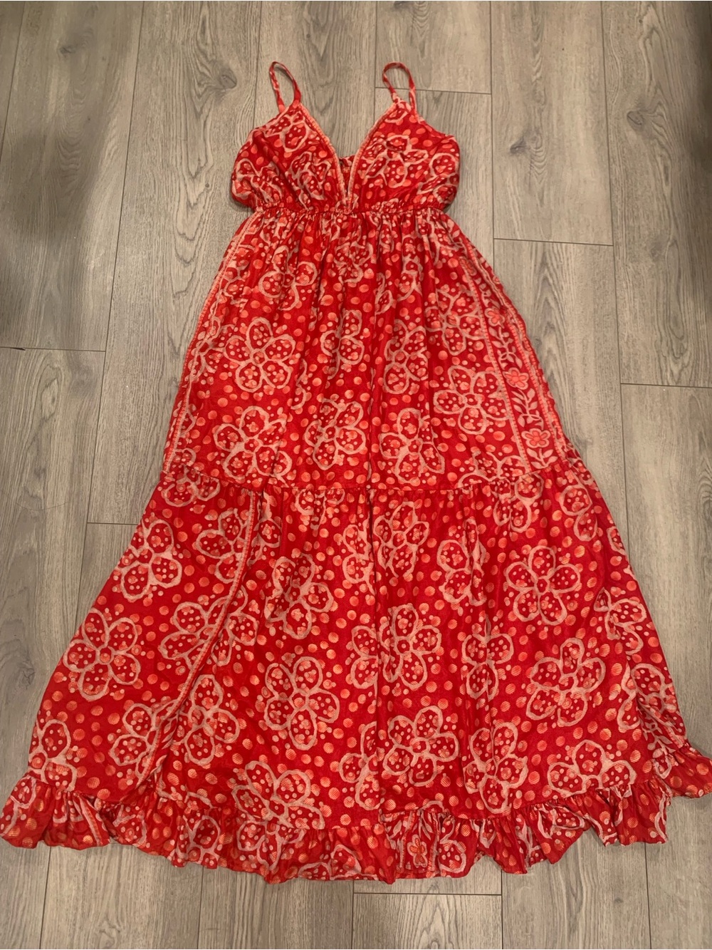 Red Printed Maxi Dress with Spaghetti Straps